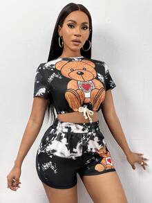 Slaydiva 小熊印花紮染T恤和機車短褲