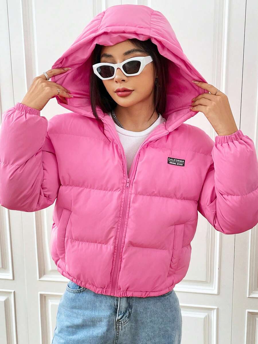 SHEIN EZwear Letter Patched Zip Up Padded Coat - Hot Pink - View 1