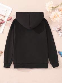 SHEIN Tween Girl 1pc Butterfly & Slogan Graphic Hooded Sweatshirt - Black - View 2