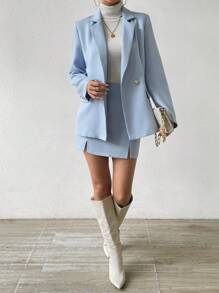 SHEIN Privé 西裝領西裝外套&開衩短裙 - 淺藍色 - 查看 6