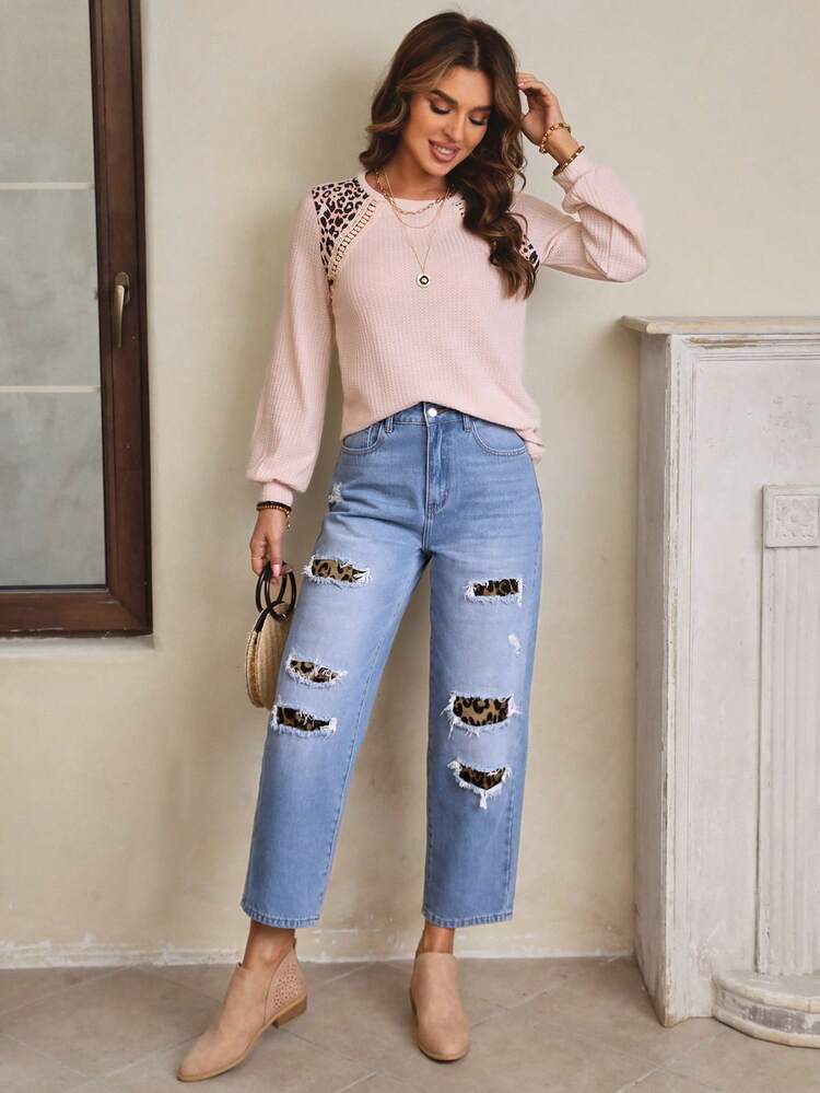 Leopard Print Ripped Straight Leg Jeans