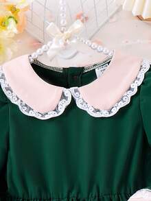 SHEIN Cô Gái Trẻ Ren tương phản Cổ tròn tay áo lá sen Xù Hoa Sen Đầm - màu xanh lá - Xem 3