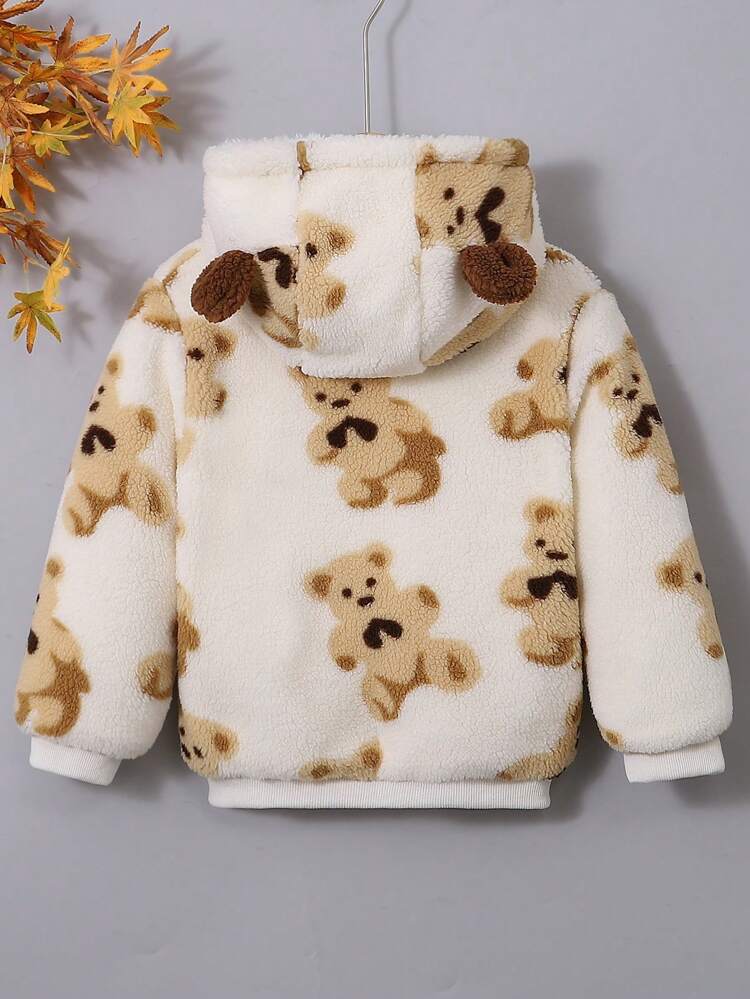 Young Girl Bear Print Thermal Lined Hooded Coat