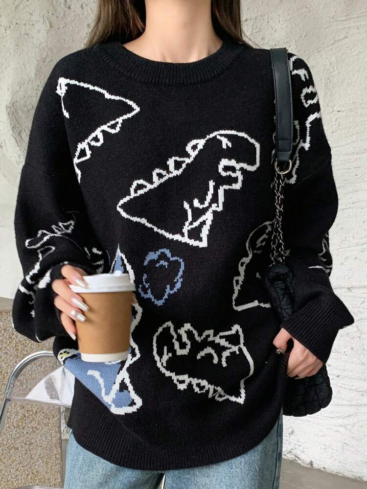 Dinosaur Pattern Drop Shoulder Sweater,Fall Women Clothes