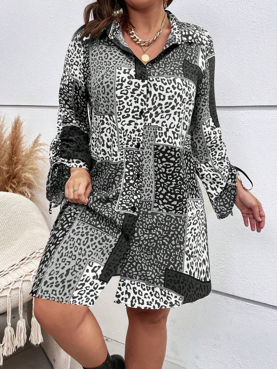 SHEIN LUNE فستان قميص بطباعة جلد الفهد طباعة مختلط برباط مقعود كفة مقاس كبير