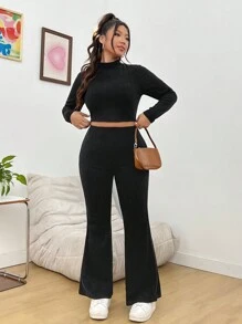 SHEIN EZwear Hơn Cổ giả Áo phông Crop & Quần ống loe - màu đen - Xem 3