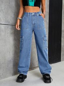 SHEIN PETITE 側翻蓋口袋工裝牛仔褲 - 淺色水洗藍 - 查看 1