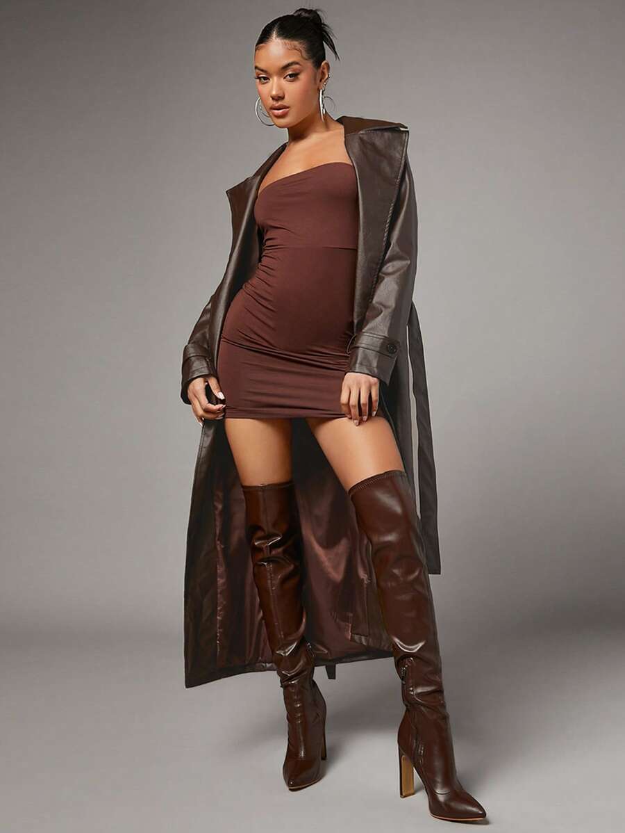 SHEIN x Carly Lawrence SHEIN BAE Solid PU Leather Belted Elegant Trench Coat In Fall/Winter - Coffee Brown - View 1