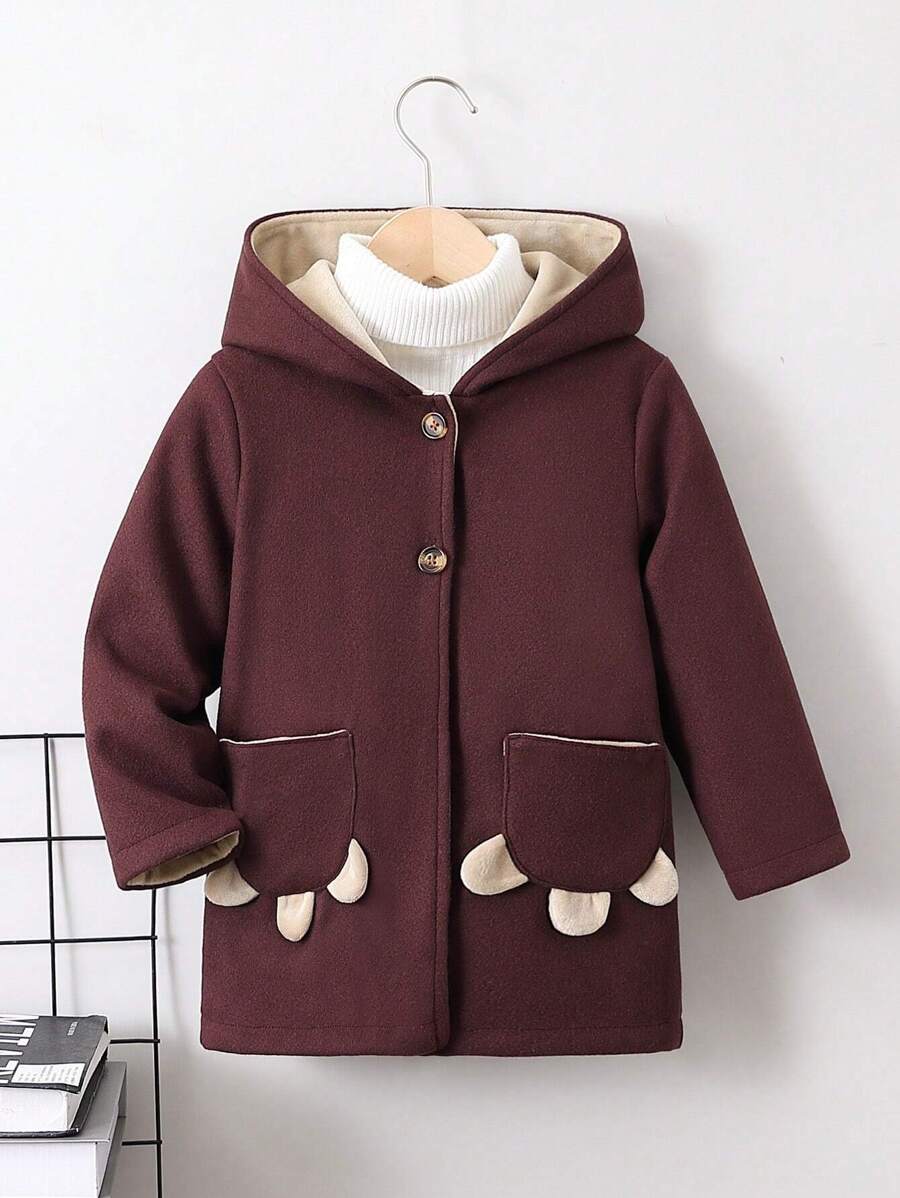 SHEIN Young Boy 1pc Dual Pocket Hooded Overcoat - Mocha Brown - View 1