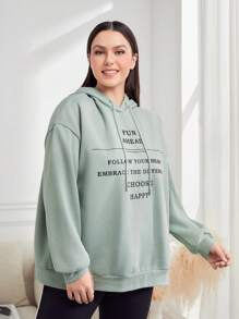 Mulvari Plus Size Hooded Sweatshirt With Slogan Print And Drop Shoulder - Green - View 5