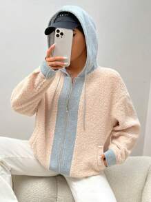 SHEIN EZwear Của phụ nữ Khối màu Lông cừu áo có mũ Áo khoác Với dây rút - Nhiều màu - Xem 2