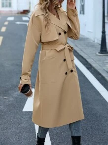 SHEIN LUNE Đôi ngực Thắt lưng Áo khoác Trench - Màu Khaki - Xem 3