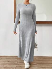 SHEIN EZwear Vestido con diseño de parche de letra tejido de canalé - Gris - Ver 5