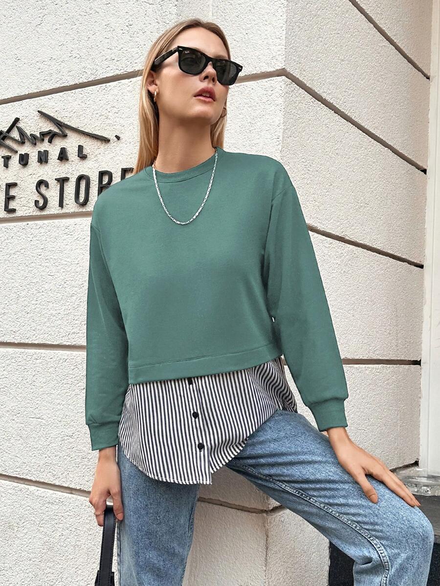 EURMUSE Striped Print 2 In 1 Sweatshirt - Green - View 1