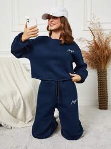 RueChic Teen Girls' Letter Printed Drop Shoulder Sweatshirt And Pants Set - Royal Blue - View 5