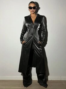 SHEIN ICON Lapel Neck PU Leather Longline Coat - Black - View 1