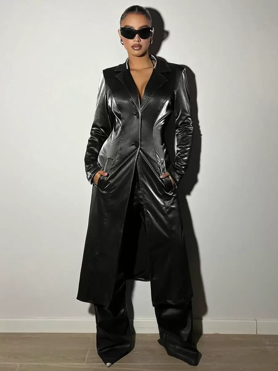 SHEIN ICON Lapel Neck PU Leather Longline Coat - Black - View 1