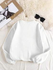 SHEIN EZwear 花卉圖案&標語刺繡運動衫 - 白色 - 查看 2