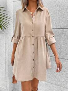 Breezaya Vestido smock de manga enrollada con botón con botón delantero