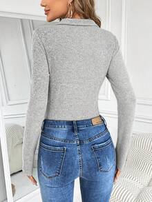 SHEIN LUNE Một nửa khóa kéo Đồ đan Ribbed Áo liền quần chặt - Màu be - Xem 2