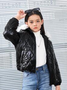 SHEIN Tween Girl Fuzzy Trim Hooded Quilted Coat - Black and White - View 8
