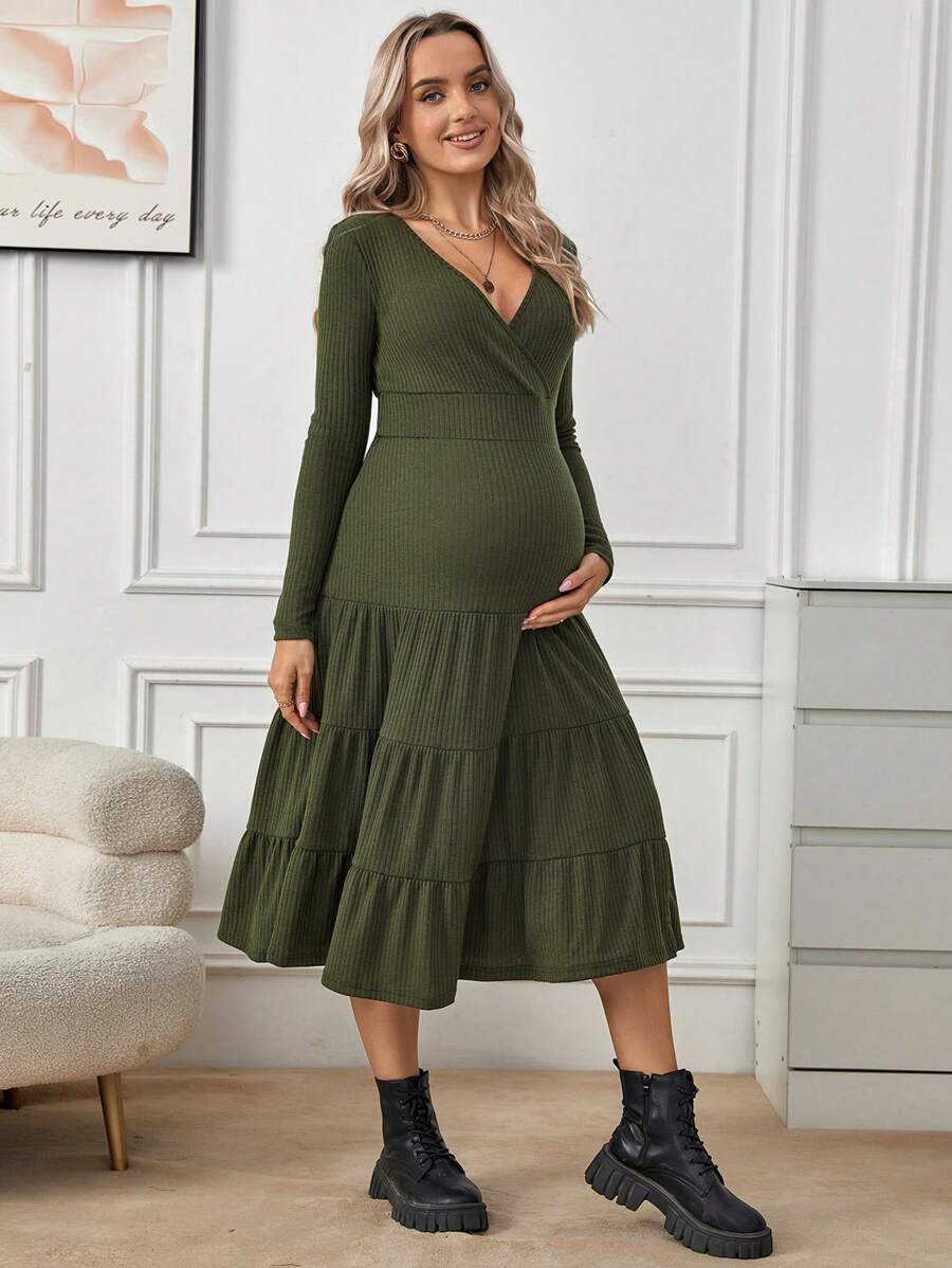 SHEIN Maternity Surplice Neck Ruffle Hem Dress - Army Green - View 1