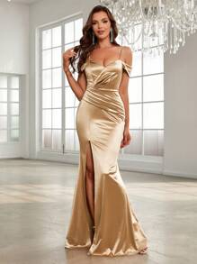 SHEIN Belle Vai lạnh Tách đùi Váy phù dâu - Màu be - Xem 1