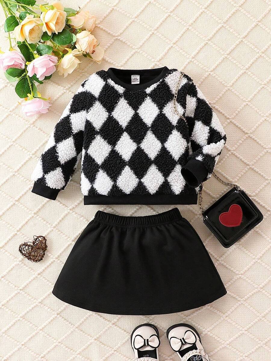 Baby Girl Argyle Pattern Sweatshirt & Skirt - Black and White - View 1