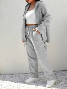 SHEIN Cottnline Plus Size  Drop Shoulder Zipper Up Drawstring Hoodie & Sweatpants - Grey - View 3