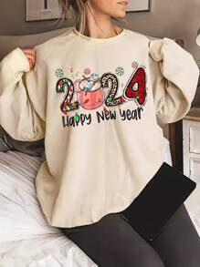 SHEIN EZwear Letter Graphic Drop Shoulder Sweatshirt - Khaki - View 1