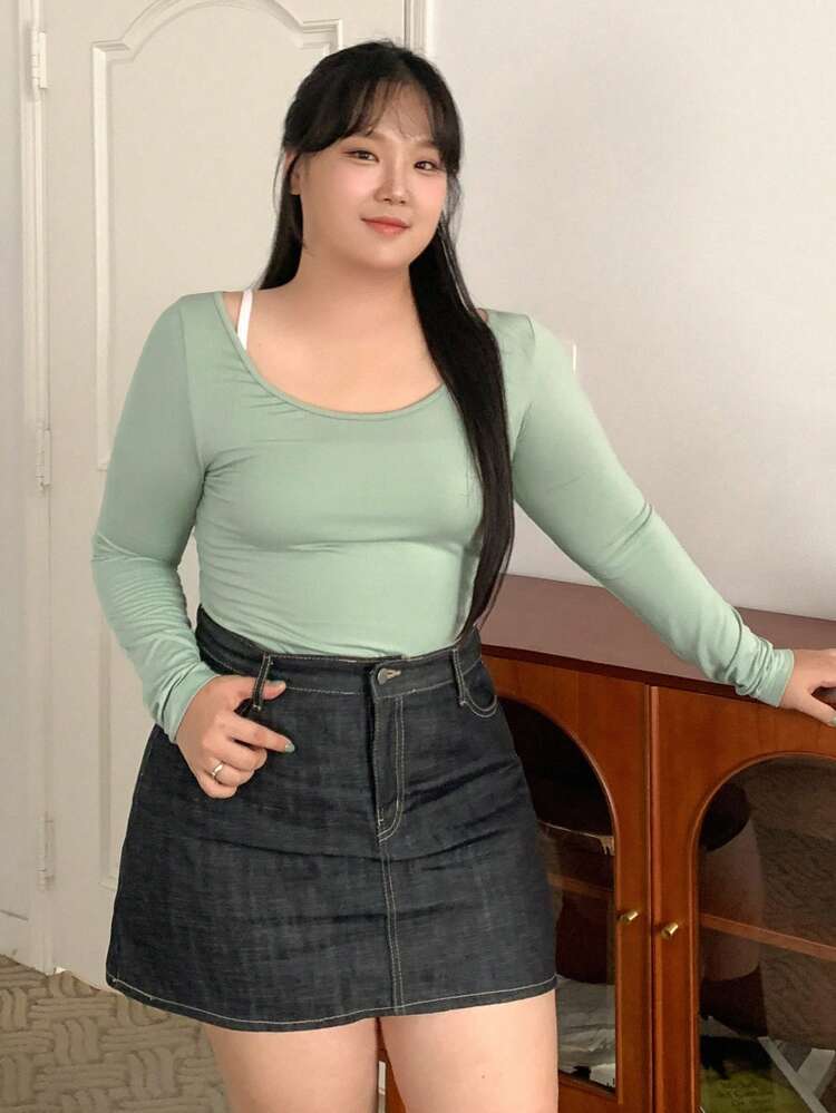 Dazy Petite Plus Plus Size Solid Scoop Neck Tee Long Sleeve Women Tops