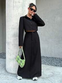 SHEIN EZwear 女士純色西裝外套和裙子套裝 - 黑色 - 查看 7