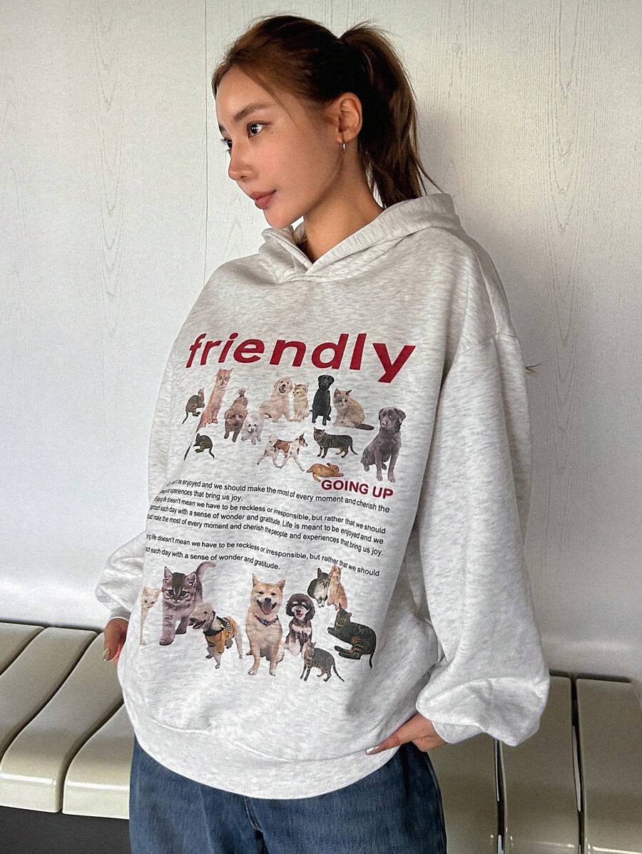 DAZY Slogan & In Động vật Thả vai Hoodie - Xám - Xem 1