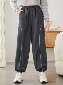 Teen Girl Contrast Piping Drawstring Waist Pants - Grey - View 4