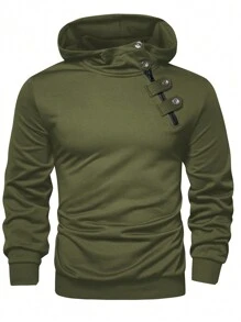 Manfinity Homme Men Button Detail Hooded Sweatshirt, Men Green Hoodie, Dark Green Hoodie, Men Casual Hoodie