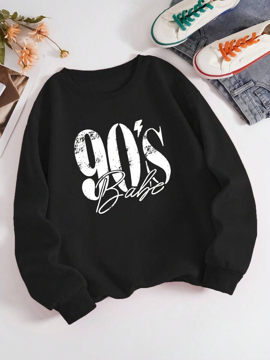 Plus Letter Graphic Thermal Lined Sweatshirt - Black - View 1