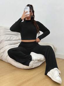 SHEIN EZwear Hơn Cổ giả Áo phông Crop & Quần ống loe - màu đen - Xem 4