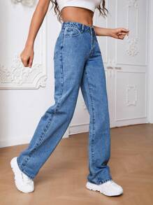 SHEIN Tall Slant Pocket Straight Leg Jeans, Tall Women - Baby Blue - View 3