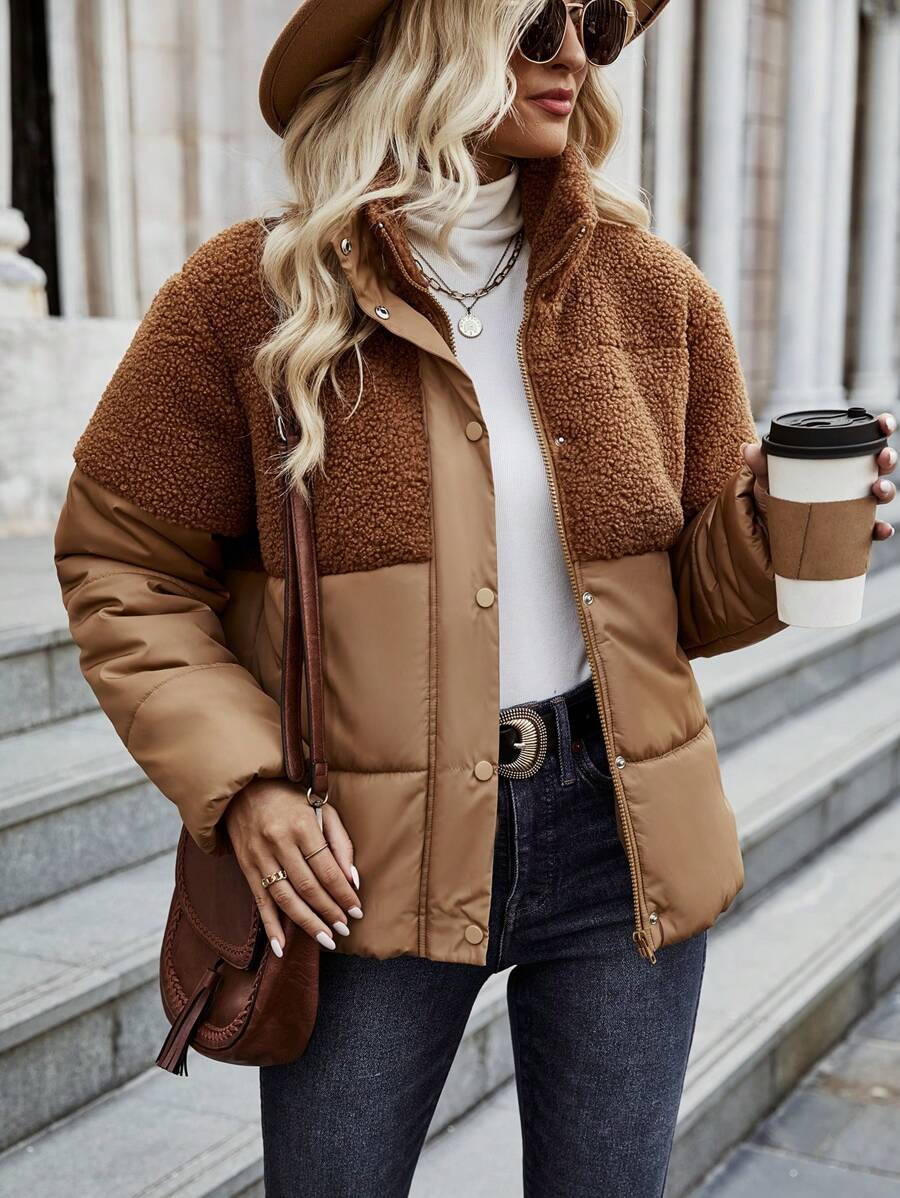 SHEIN LUNE 对比面板按扣加厚棉服外套衣服冬季 - 卡其色 - 查看 1