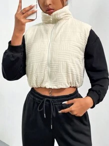 Chiquease Casual Solid Textured Zip Up Crop Vest Coat - Apricot - View 2