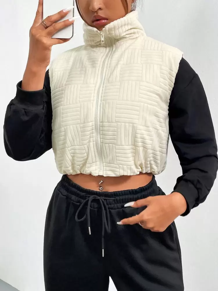 Casual Solid Textured Zip Up Crop Vest Coat