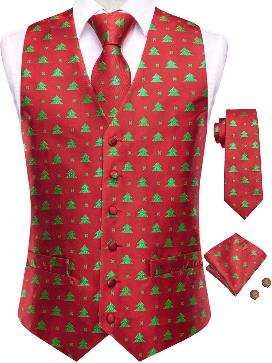 Men's Christmas Print Party Suit Vest - Red - View 1