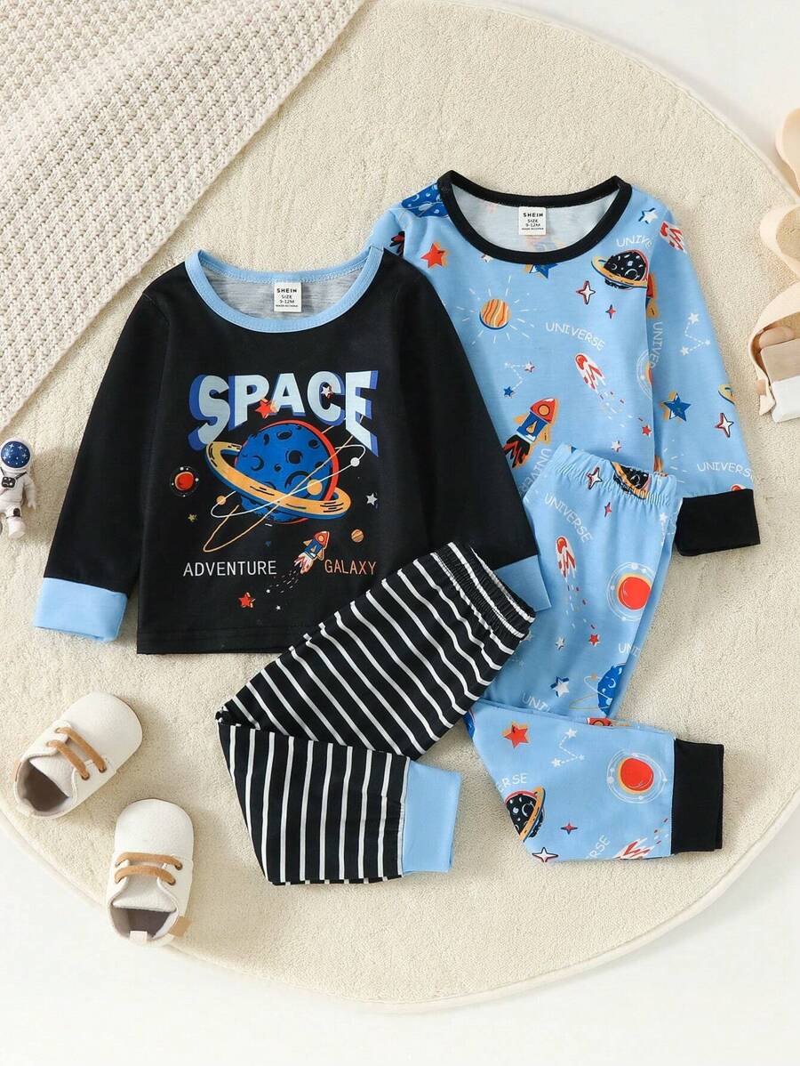 SHEIN Playful Pals Baby Boy 2pcs Letter & Planet Print Tee & Striped Pants Chic Outfits For Autumn/Winter - Multicolor - View 1
