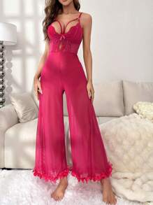 Contrast Lace Appliques Detail Mesh Cami Jumpsuit - Hot Pink - View 1