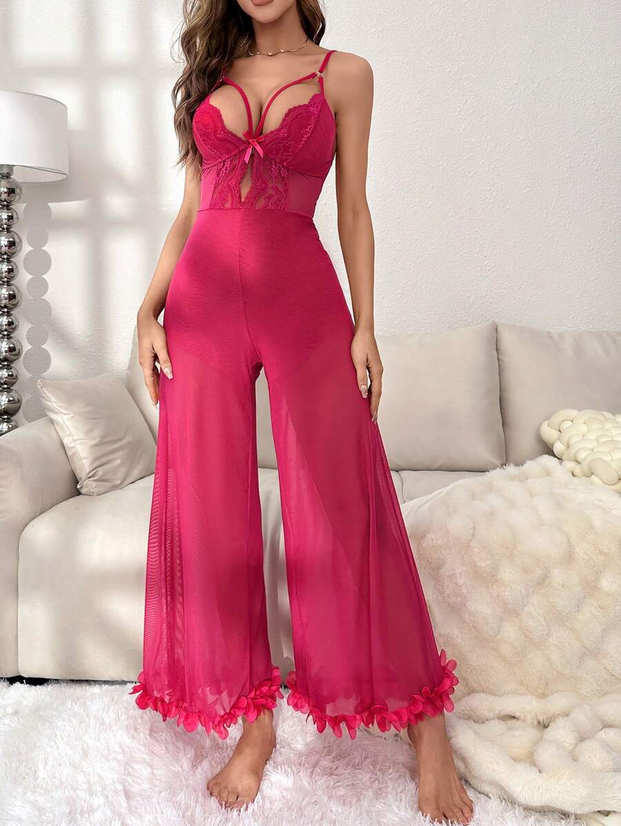 Contrast Lace Appliques Detail Mesh Cami Jumpsuit - Hot Pink - View 1