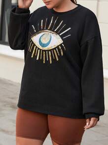 RueChic Plus Size  Eye Print Drop Shoulder Sweatshirt - Black - View 4