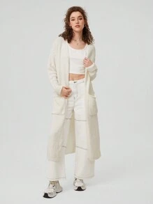 Forever 21 Của phụ nữ Màu thuần Dài Mở Mặt trước Áo len Mở Với Giường đôi tiêu chuẩn Túi Và Thả vai Thiết kế - Màu be - Xem 4