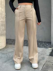 SHEIN Coolane 高腰接縫細節直筒褲 - 杏色 - 查看 1