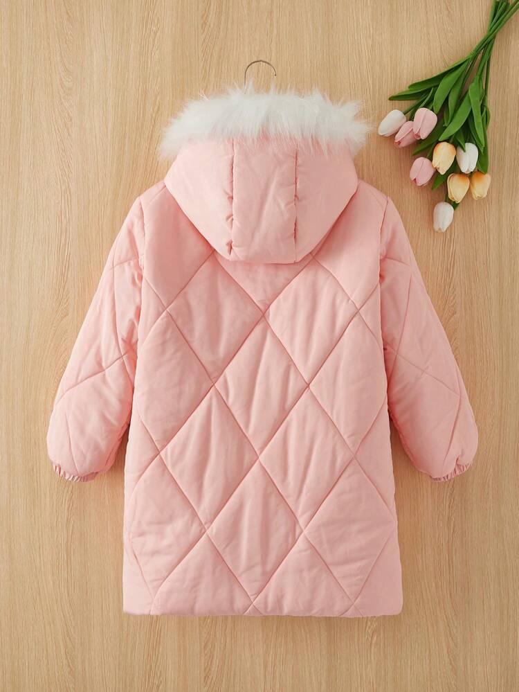 Tween Girl Fuzzy Trim Hooded Thermal Lined Quilted Coat