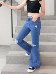 Tween Girls' High Waist Stretchy Flared Jeans - Dark Wash - View 5